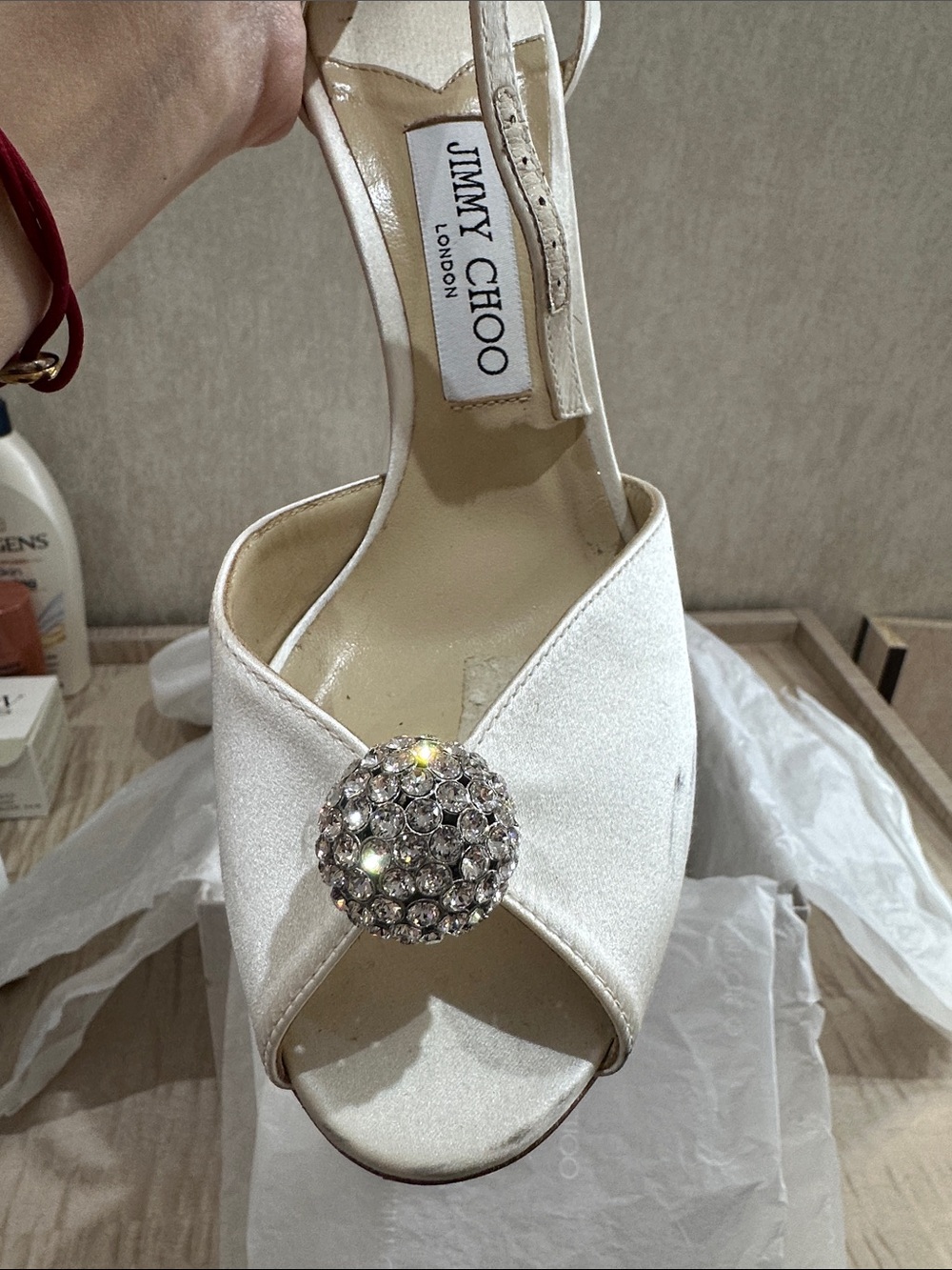 Jimmy Choo Ivory Crystal Satin Pointed-Toe Heels - Picture 9 of 12